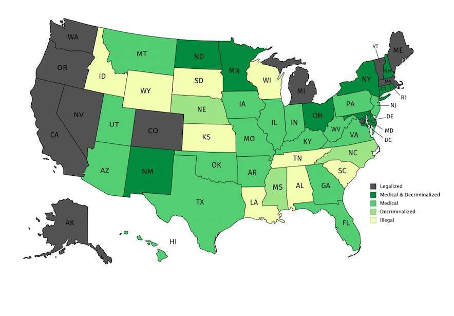 Map of The United States Highlighting The States Where Cannabis is Legal & Illegal 